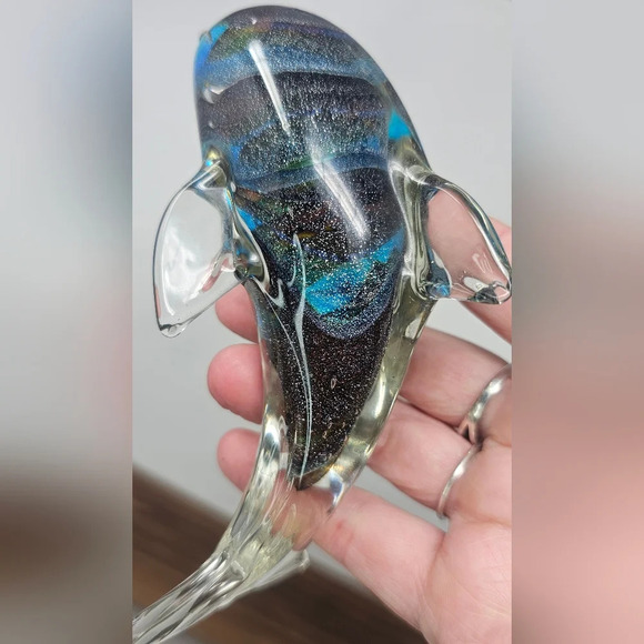 Dolphin Figurine Hand Blown Crystal Glass  Paperweight Multicolor Space  6x3 - Picture 2 of 8